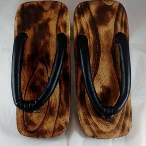 Japanese Brown Wooden Black Thong Flip Flop Size 9